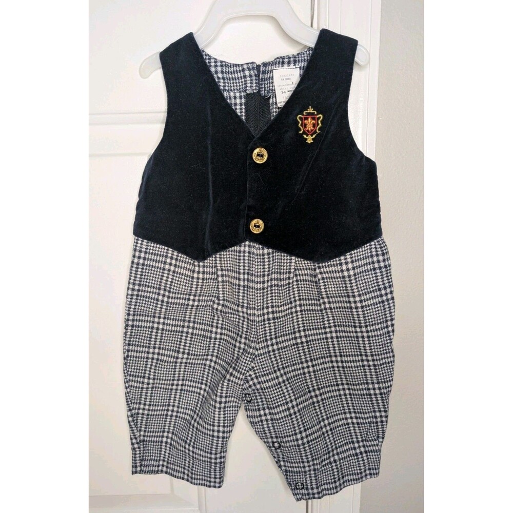 Vintage Baby Boys 3-6 Months One Piece Suit Vest Velvet Bottoms Dark Blue Romper